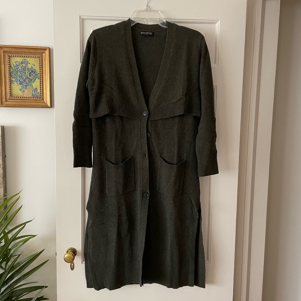 Banana Republic Italian Wool Long Double Tiered Olive Green Cardigan Sweater